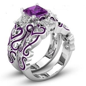 2PCS Brilliant 3 Carat Purple Square Cut Ring Set